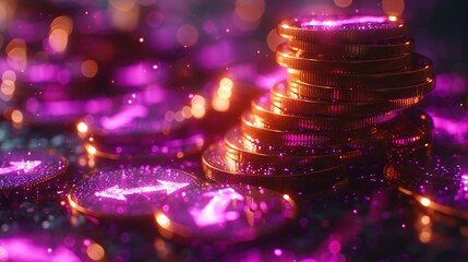 Piles of golden coins with purple arrows showing financial growth