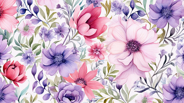 Seamless pattern of purple flower watercolor