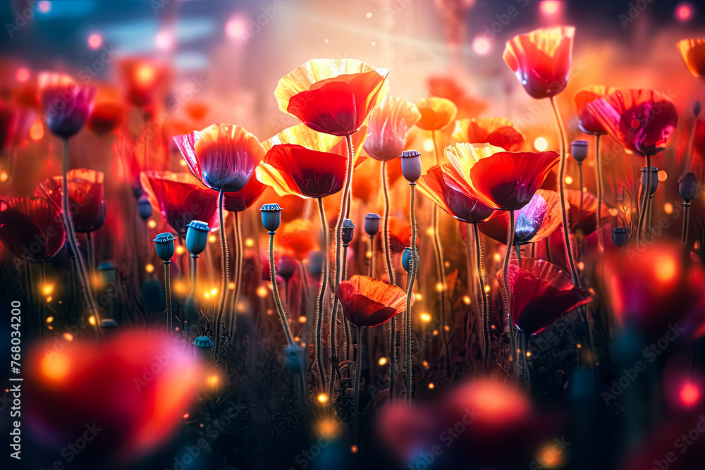 Canvas Prints a field of flowers with a single red flower in the middle.