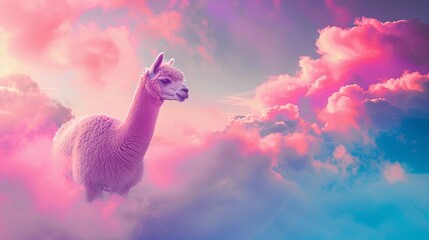 Gentle alpacas roam on rainbow-hued clouds, their fur shimmering with the colors of the sky, in a dreamy, surreal world - obrazy, fototapety, plakaty
