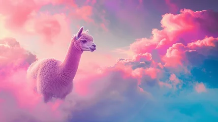 Fotobehang Gentle alpacas roam on rainbow-hued clouds, their fur shimmering with the colors of the sky, in a dreamy, surreal world © Naraksad