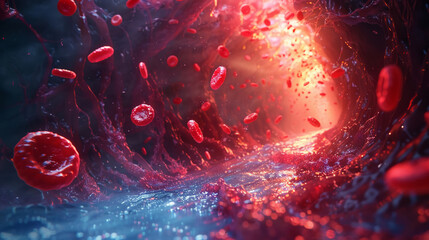 A red blood cell traverse the circulatory labyrinth, medical illustrationof the human circulatory system - obrazy, fototapety, plakaty