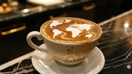 An exquisite cup of latte coffee featuring a detailed world map design in the foam, set on a luxurious marble countertop.