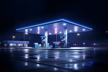a gas station at night - obrazy, fototapety, plakaty