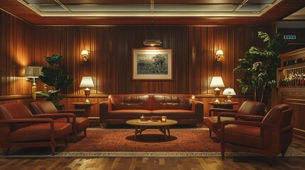 60s style lounge with wooden paneling and period decor - obrazy, fototapety, plakaty