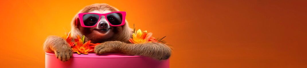 Fototapeta premium chilled-out sloth lounging wearing oversized, vibrant sunglasses and striking a pose against a colored backdrop, promoting , Generative AI