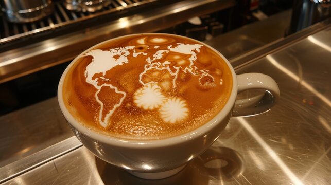 Expertly crafted latte with world map foam art, served in a classic white cup on a shiny stainless steel counter.