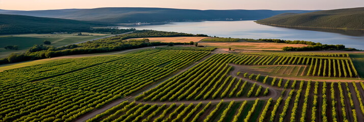 expansive aerial view of a vast vineyard, with rows of grapevines stretching to the horizon, ready...