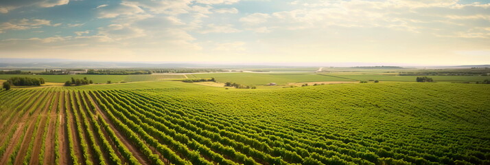expansive aerial view of a vast vineyard, with rows of grapevines stretching to the horizon, ready...