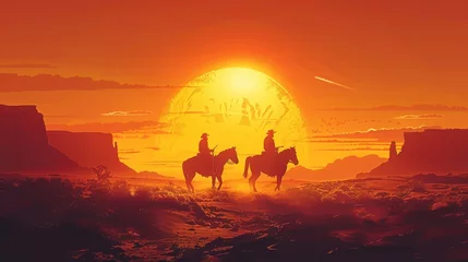 Foto op Plexiglas Silhouettes of cowboys on horseback are set against a fiery sunset in the desert, with the sun casting a warm, golden glow over the landscape. © Sodapeaw