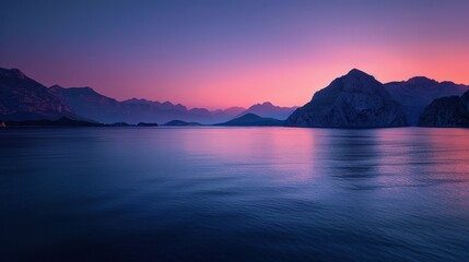 Twilight hues over serene mountains and dark shorelines