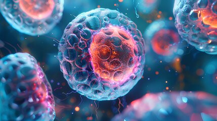 Human animal cell under microscope. 3d illustration, generative ai