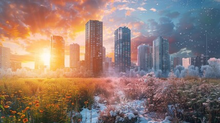 A striking sunset illuminates an urban skyline where the transition from autumn to winter is captured in a field of frosted flowers. - obrazy, fototapety, plakaty