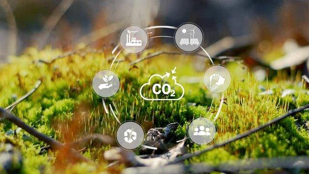 The concept of reduce co2 emission using clean energy and reduce climate change problem with relate icon on green environment background