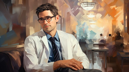 Doctor. Digital painting of a man in a lab coat with glasses, tie, and stethoscope, with a stylized abstract background.