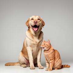 Labrador retriever dog and ginger cat sitting in together isolated on a white background