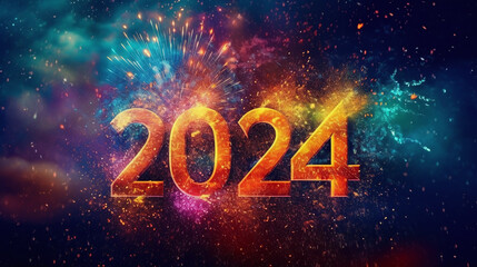 Happy New Year 2024 background with fireworks and sparkling lights