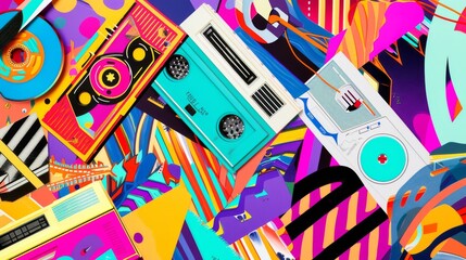 A lively, pop art-inspired explosion of music cassettes and vivid abstract shapes in a kaleidoscope of bright colors.