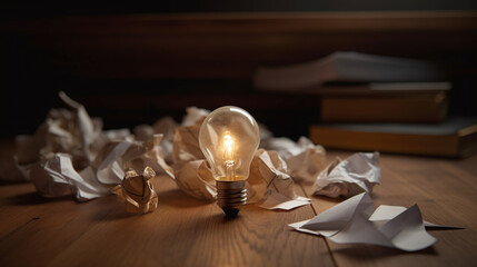 Light bulb and crumpled papers on wooden table