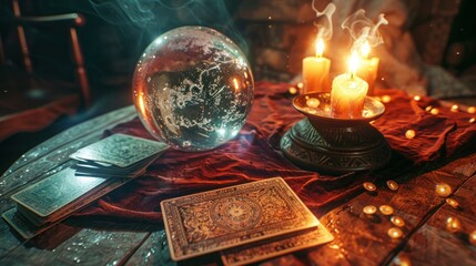 Cryptothemed tarot spread, crystal ball in dark, shimmering silver light, secretive ritual space , hyper realistic - obrazy, fototapety, plakaty