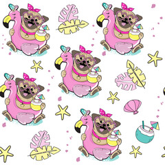 Cute pug dog with a circle of flamingos on a white background seamless pattern - 768035485