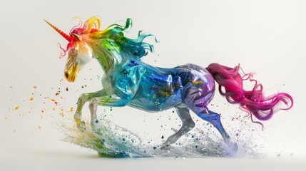 A dynamic splash art unicorn races forward, its mane and body a dazzling explosion of colors against a stark white background.
