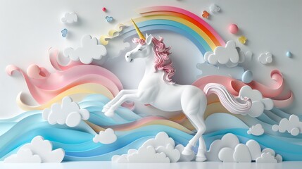 An elegant 3D paper unicorn gallops across waves of pastel colors beneath a playful rainbow in this serene fantasy scene.