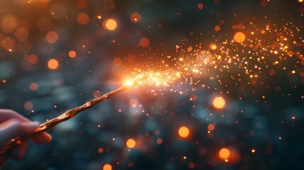 A hand holding a wand that sparks enchanting, fiery particles in a magical and mysterious atmosphere with a deep, bokeh background. - obrazy, fototapety, plakaty