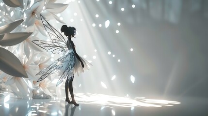 Silhouette of an elegant fairy with delicate wings among white flowers under soft glowing lights.