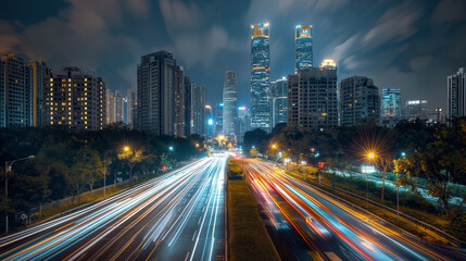 Fototapeta na wymiar Overexposed city traffic trails photography at night