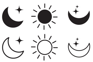 Sun and Moon icon, vector. Moon and stars silhouette. Sun and moon flat icon. Shining Sun and crescent Moon. Vector Illustration. 