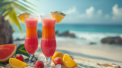 Two glasses with fresh cocktails with decoration on beach, ready for romantic summer holiday for couple. Generative AI - 768035854