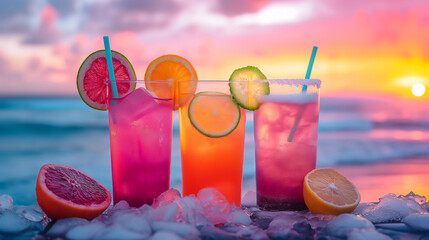 Tree glasses with cold fresh cocktails on beach at sunset. Party on summer holiday. Generative AI - 768035861