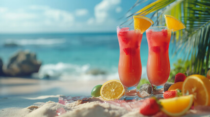 Two glasses with fresh cocktails with decoration on beach, ready for romantic summer holiday for couple. Generative AI - 768035867