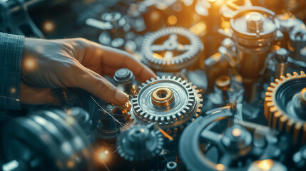 Man repairs gears or parts of machine or device in factory - obrazy, fototapety, plakaty