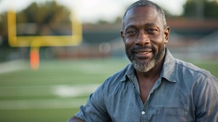 Portrait of male american football coach at the stadium field.
