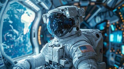 An American astronaut equipped with a state-of-the-art helmet featuring digital visor displays, inside a spacecraft orbiting Earth. - obrazy, fototapety, plakaty