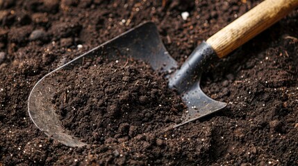 A well-used metal shovel rests in loamy soil, ready for gardening tasks in a fertile garden bed.