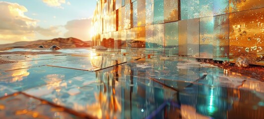 The setting sun casts a golden glow on wet glass surfaces, creating a vivid tableau of reflections and colors. - obrazy, fototapety, plakaty