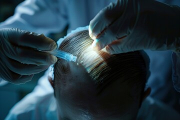 Applying topical immunotherapy on Alopecia patch, dim room light, wide angle, meticulous care process , super realistic - obrazy, fototapety, plakaty