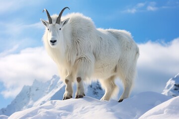 a white goat standing on snow