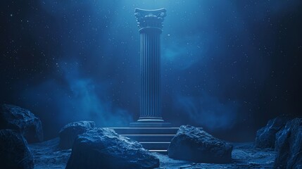 Produce an artistic, high-quality image of an elegant podium display pedestal, set against a deep blue background that mimics a night sky, complete with subtle, distant stars. - obrazy, fototapety, plakaty