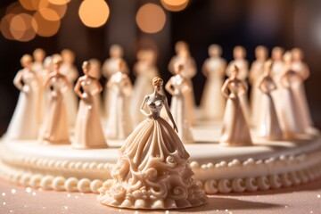 a cake with a figurine of a woman in a dress - obrazy, fototapety, plakaty