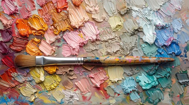 A solitary paintbrush rests on a textured canvas painted with a vibrant spectrum of thick, multicolored strokes.