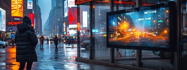 Raising cybersecurity awareness in public spaces, interactive digital billboard in a city square, twilight - obrazy, fototapety, plakaty