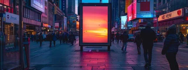 Fotobehang Raising cybersecurity awareness in public spaces, interactive digital billboard in a city square, twilight © Exnoi
