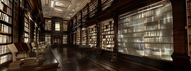 Reimagined library with classic 19th-century architecture and digital books projected holographically. - obrazy, fototapety, plakaty