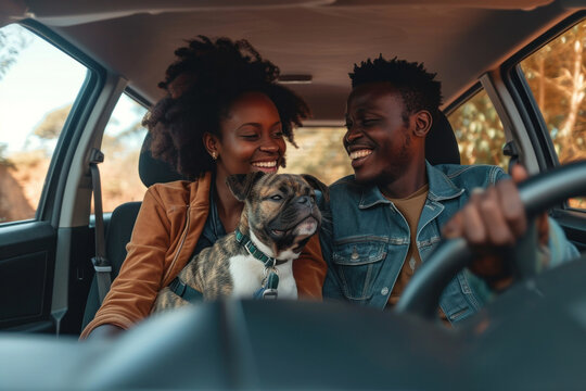 African American couple with their dog sitting in the driver's seat of a car - Powered by Adobe