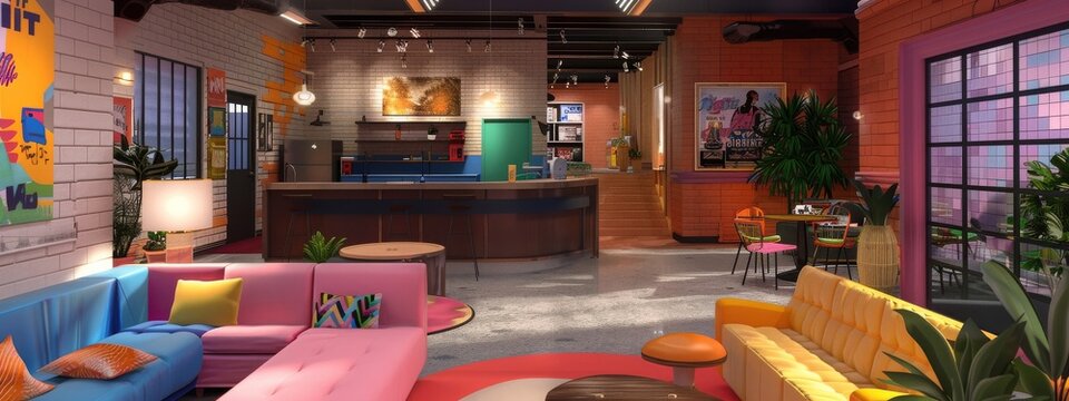 Reimagined 90s sitcom sets as modern coworking spaces, maintaining the original aesthetic.