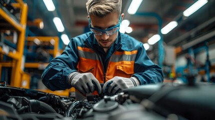 A diligent mechanic wearing safety goggles is engrossed in a complex engine repair task within an industrial garage setting.